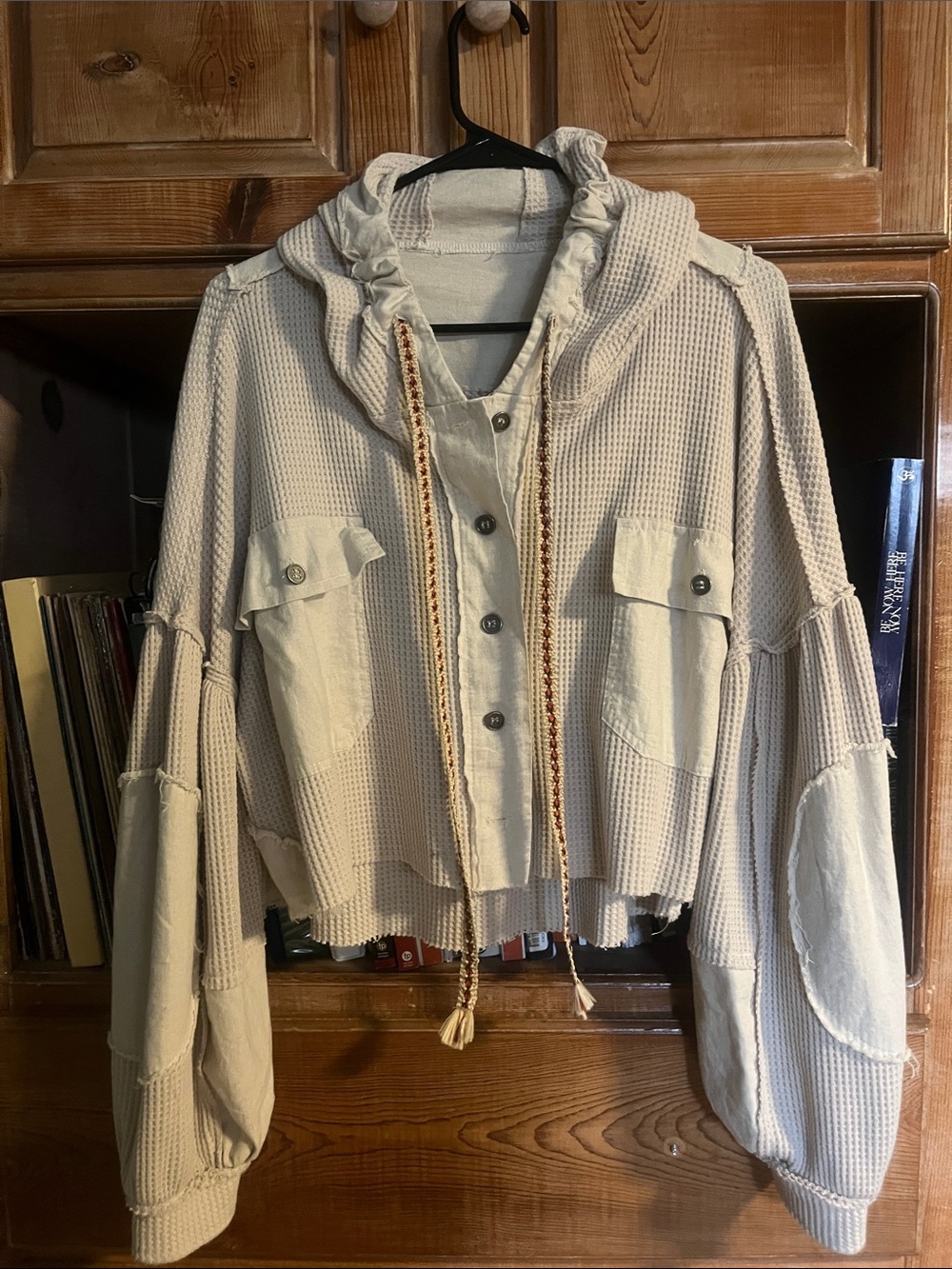 Light Cream Hoodie Waffle-Knit with Button Front